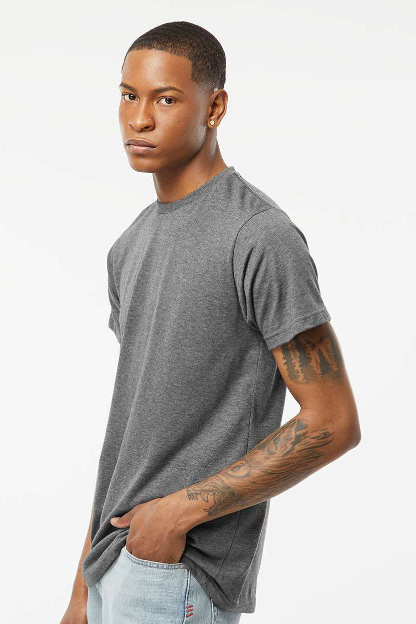 Tultex 241 Mens Poly-Rich Short Sleeve Crewneck T-Shirt Heather Charcoal Grey Model Side