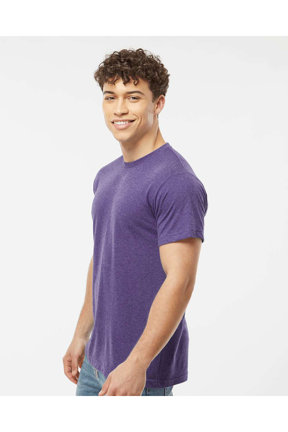 Tultex 241 Mens Poly-Rich Short Sleeve Crewneck T-Shirt Heather Purple Model Side