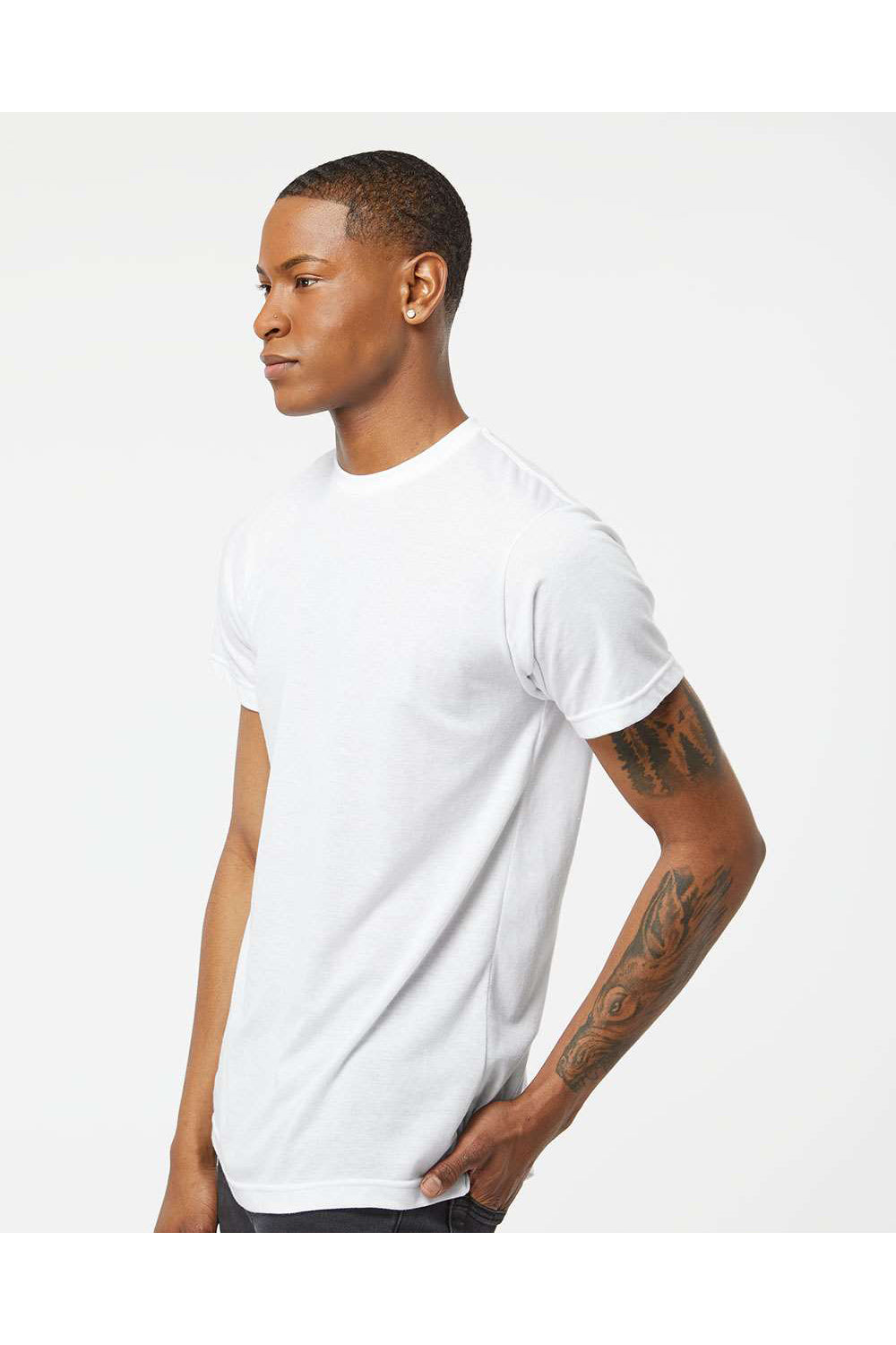 Tultex 241 Mens Poly-Rich Short Sleeve Crewneck T-Shirt White Model Side