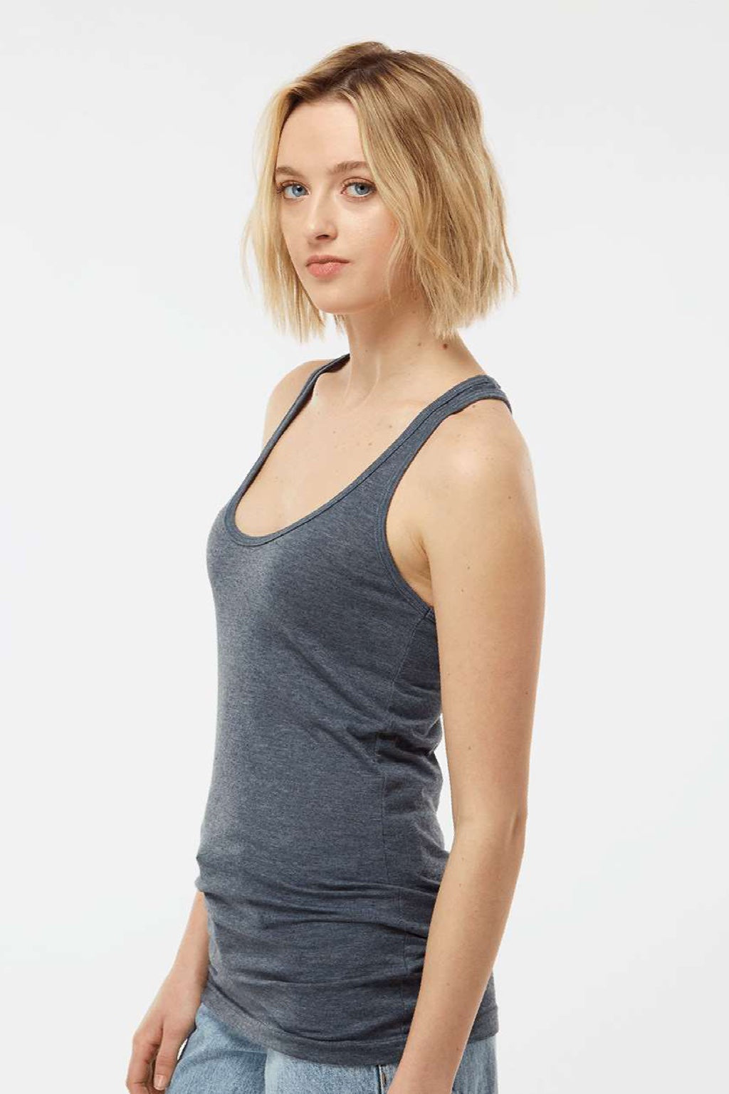 Tultex 190 Womens Poly-Rich Racerback Tank Top Heather Navy Blue Model Side
