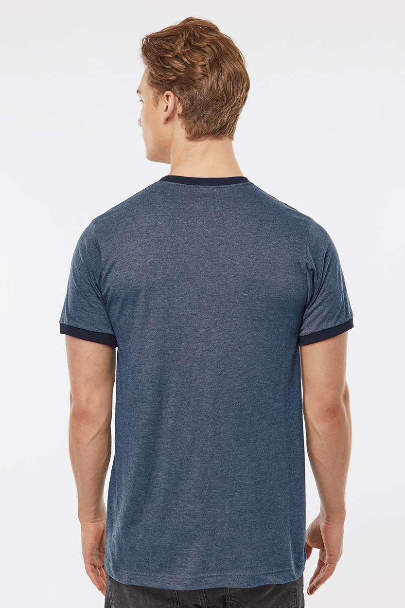 Tultex 246 Mens Fine Jersey Ringer Short Sleeve Crewneck T-Shirt Heather Denim Blue/Navy Blue Model Back