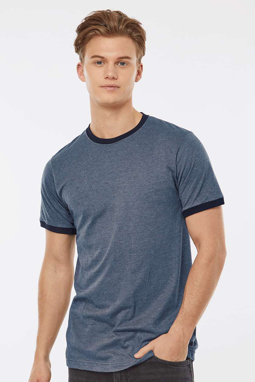 Tultex 246 Mens Fine Jersey Ringer Short Sleeve Crewneck T-Shirt Heather Denim Blue/Navy Blue Model Front