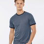 Tultex Mens Fine Jersey Ringer Short Sleeve Crewneck T-Shirt - Heather Denim Blue/Navy Blue - NEW