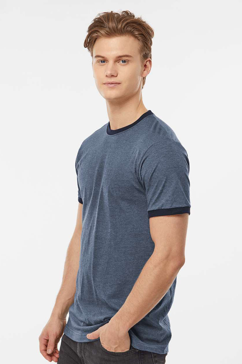 Tultex 246 Mens Fine Jersey Ringer Short Sleeve Crewneck T-Shirt Heather Denim Blue/Navy Blue Model Side