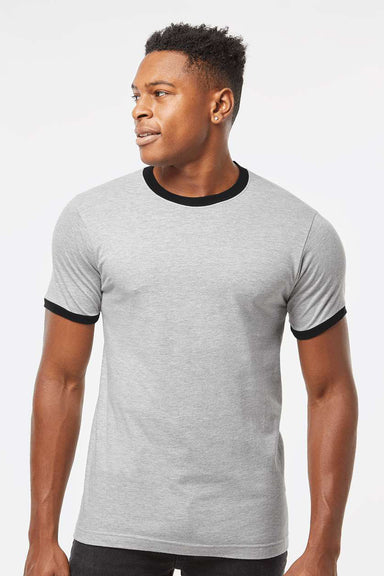 Tultex 246 Mens Fine Jersey Ringer Short Sleeve Crewneck T-Shirt Heather Grey/Black Model Front