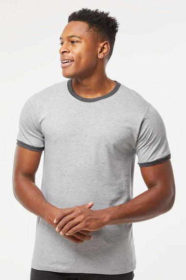 Tultex 246 Mens Fine Jersey Ringer Short Sleeve Crewneck T-Shirt Heather Grey/Heather Charcoal Grey Model Front