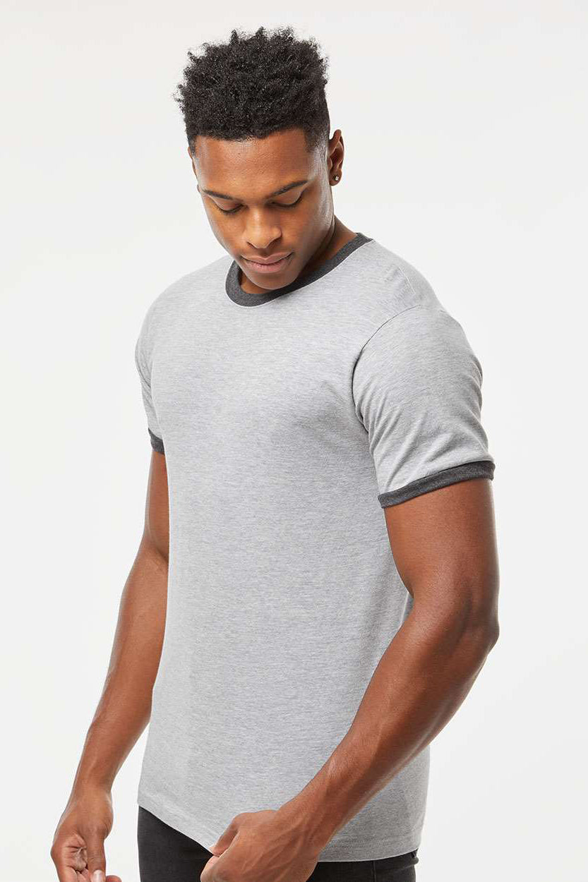 Tultex 246 Mens Fine Jersey Ringer Short Sleeve Crewneck T-Shirt Heather Grey/Heather Charcoal Grey Model Side