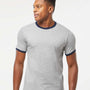 Tultex Mens Fine Jersey Ringer Short Sleeve Crewneck T-Shirt - Heather Grey/Navy Blue - NEW
