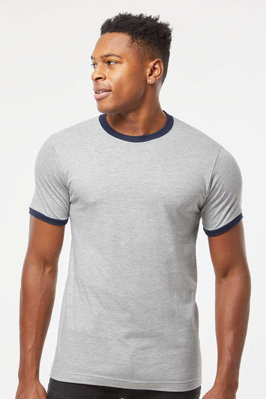 Tultex 246 Mens Fine Jersey Ringer Short Sleeve Crewneck T-Shirt Heather Grey/Navy Blue Model Front