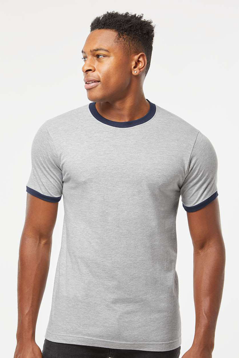 Tultex 246 Mens Fine Jersey Ringer Short Sleeve Crewneck T-Shirt Heather Grey/Navy Blue Model Front