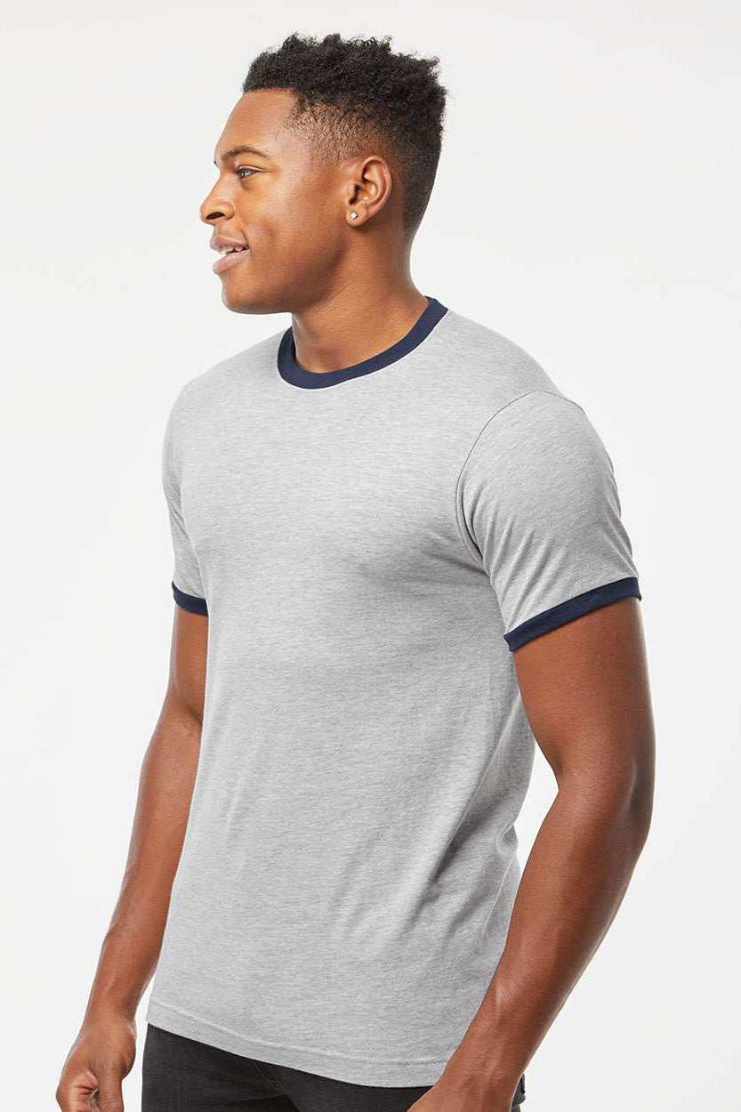 Tultex 246 Mens Fine Jersey Ringer Short Sleeve Crewneck T-Shirt Heather Grey/Navy Blue Model Side