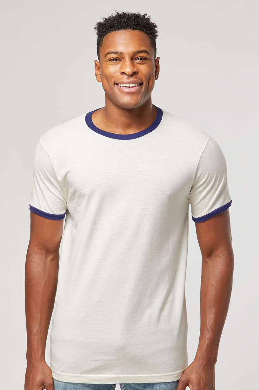 Tultex 246 Mens Fine Jersey Ringer Short Sleeve Crewneck T-Shirt Vintage White/Inked India Blue Model Front