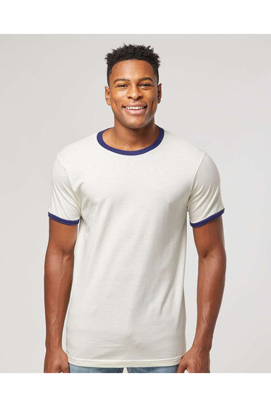 Tultex 246 Mens Fine Jersey Ringer Short Sleeve Crewneck T-Shirt Vintage White/Inked India Blue Model Front