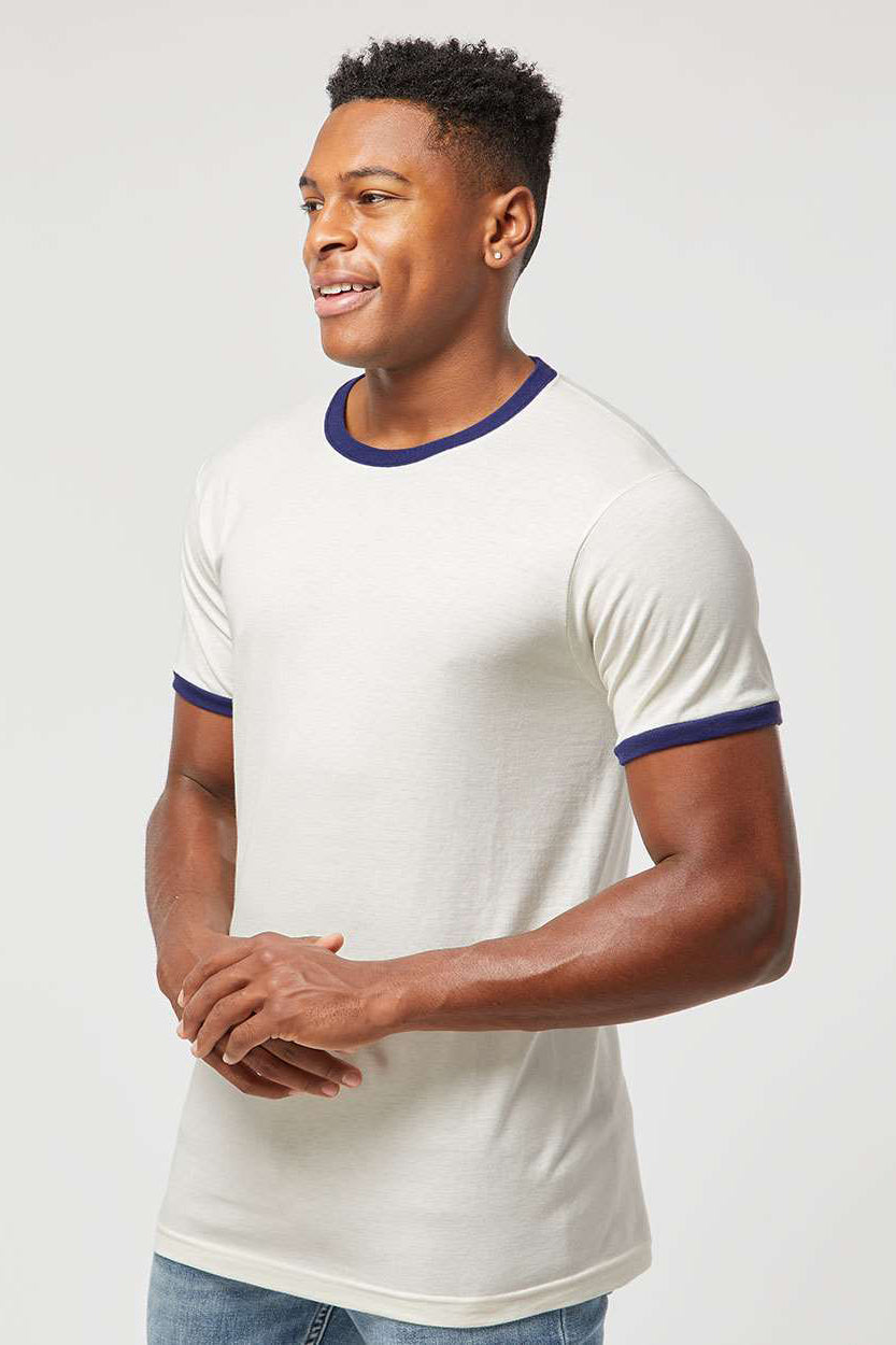 Tultex 246 Mens Fine Jersey Ringer Short Sleeve Crewneck T-Shirt Vintage White/Inked India Blue Model Side