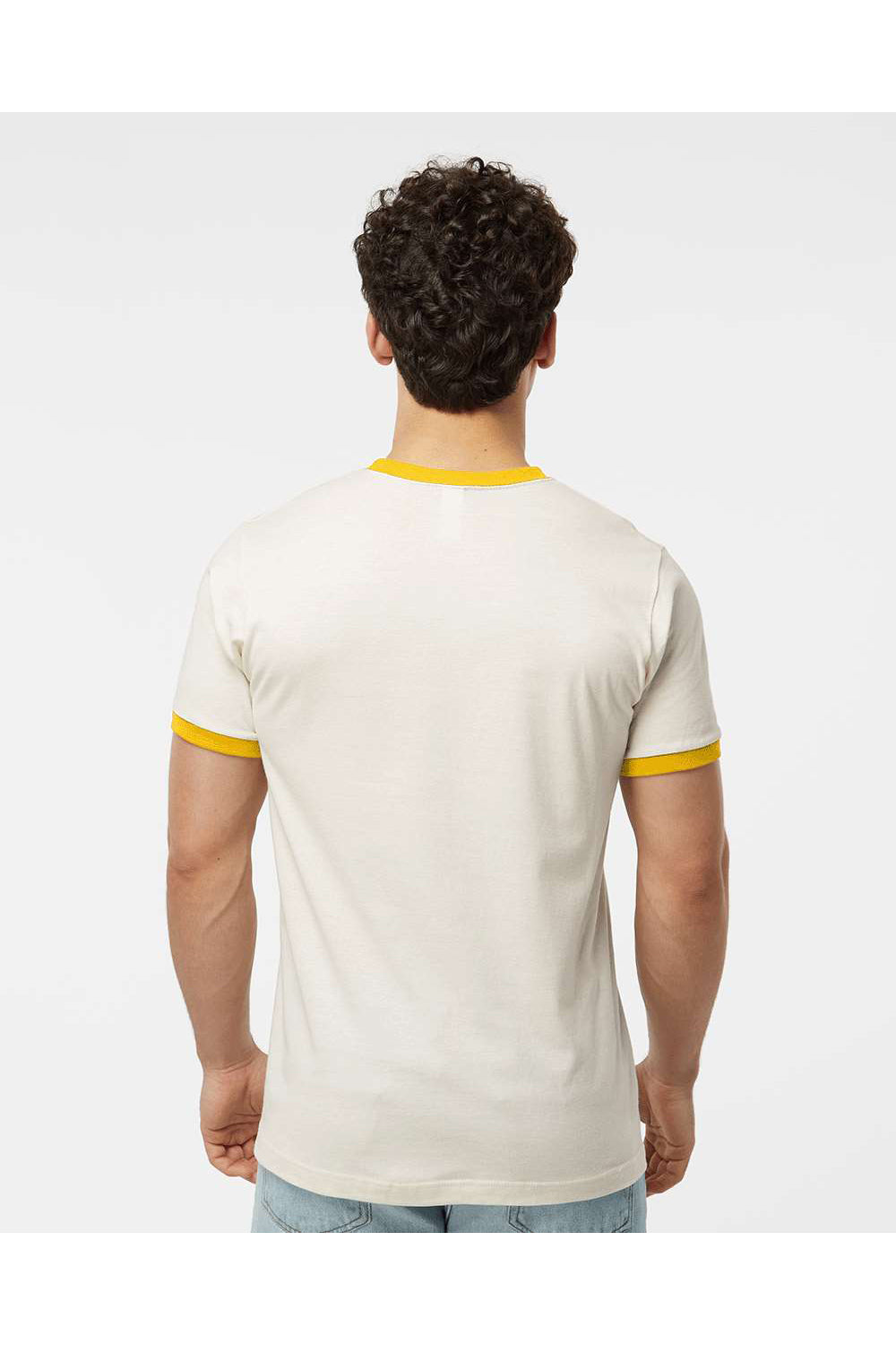 Tultex 246 Mens Fine Jersey Ringer Short Sleeve Crewneck T-Shirt Vintage White/Mellow Yellow Model Back