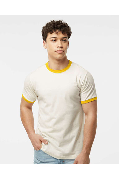 Tultex 246 Mens Fine Jersey Ringer Short Sleeve Crewneck T-Shirt Vintage White/Mellow Yellow Model Front