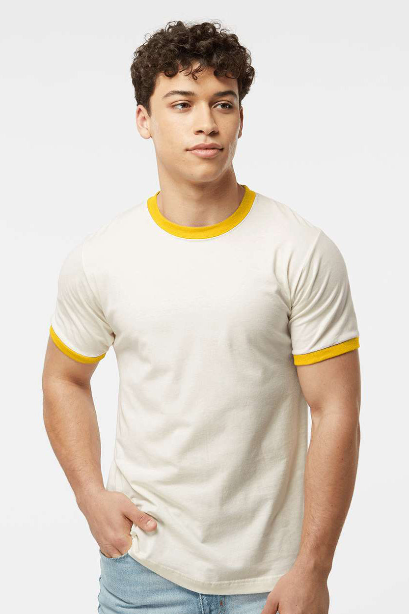 Tultex 246 Mens Fine Jersey Ringer Short Sleeve Crewneck T-Shirt Vintage White/Mellow Yellow Model Front