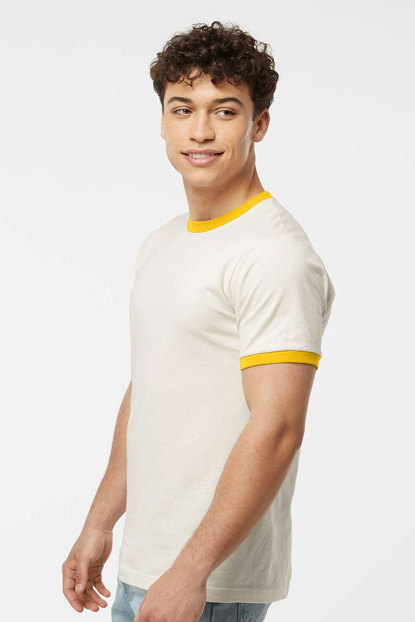 Tultex 246 Mens Fine Jersey Ringer Short Sleeve Crewneck T-Shirt Vintage White/Mellow Yellow Model Side