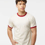 Tultex Mens Fine Jersey Ringer Short Sleeve Crewneck T-Shirt - Vintage White/Rio Red - NEW