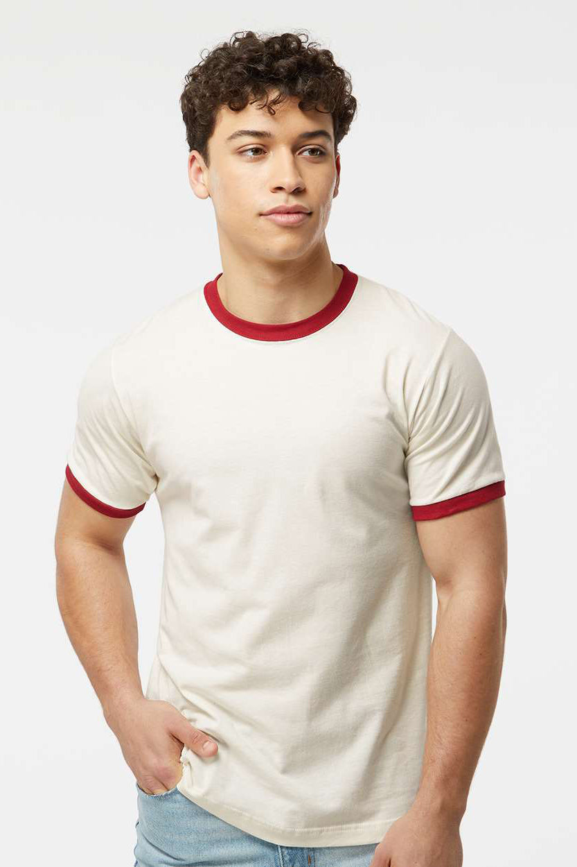 Tultex 246 Mens Fine Jersey Ringer Short Sleeve Crewneck T-Shirt Vintage White/Rio Red Model Front