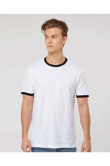 Tultex 246 Mens Fine Jersey Ringer Short Sleeve Crewneck T-Shirt White/Black Model Front