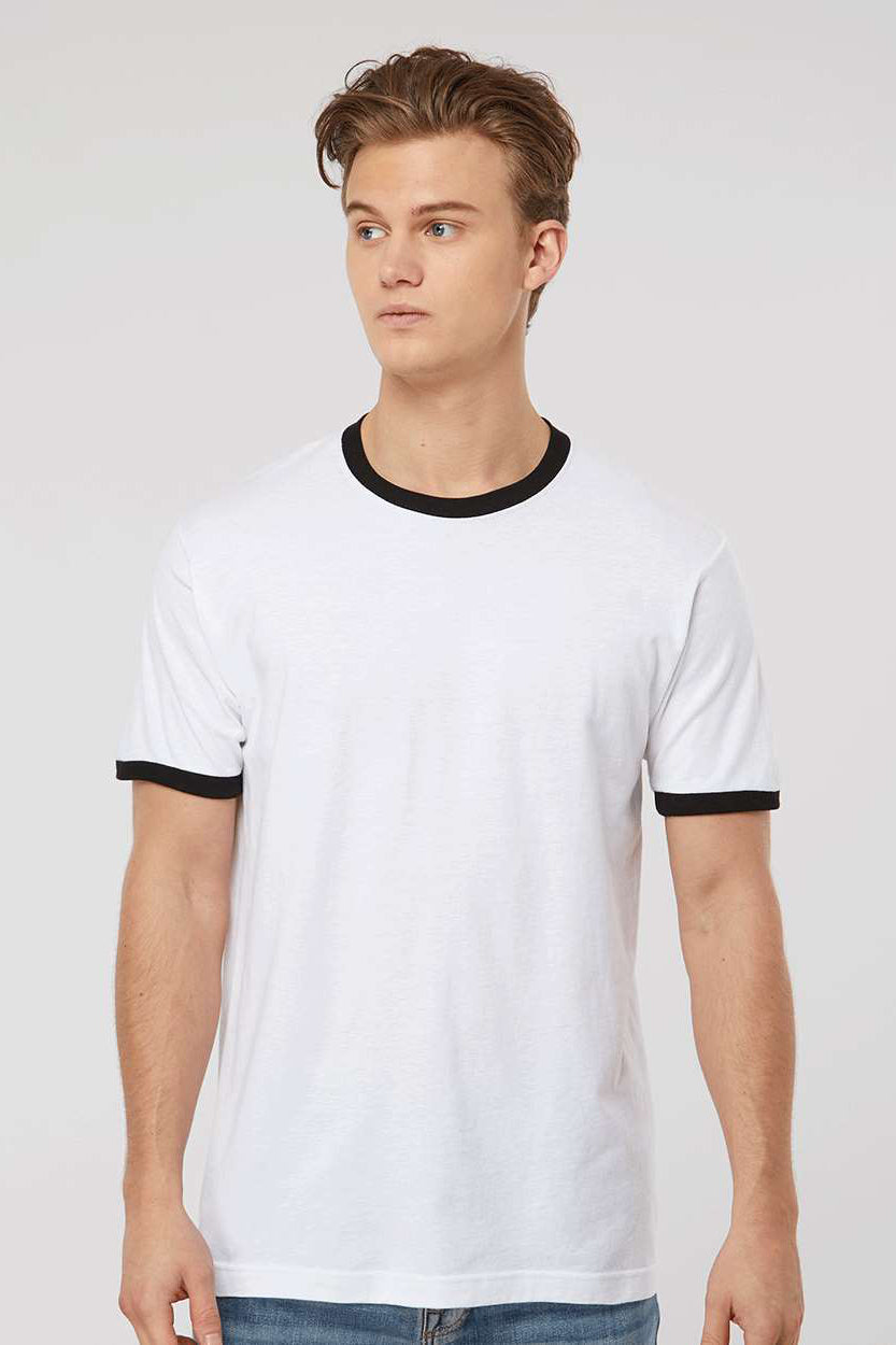 Tultex 246 Mens Fine Jersey Ringer Short Sleeve Crewneck T-Shirt White/Black Model Front