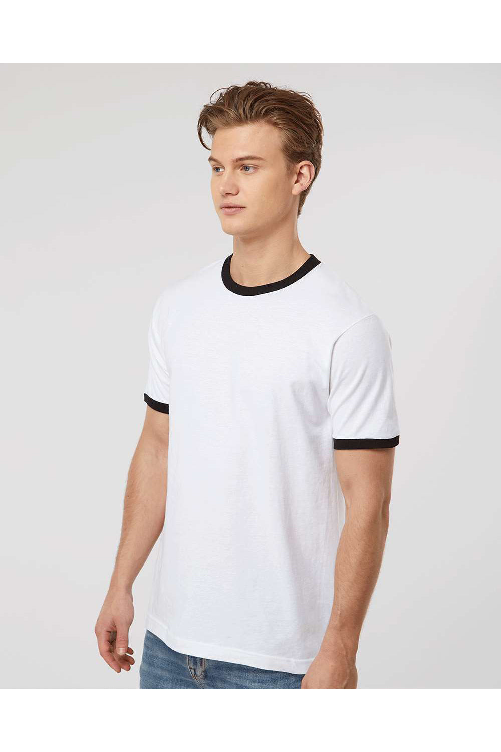 Tultex 246 Mens Fine Jersey Ringer Short Sleeve Crewneck T-Shirt White/Black Model Side