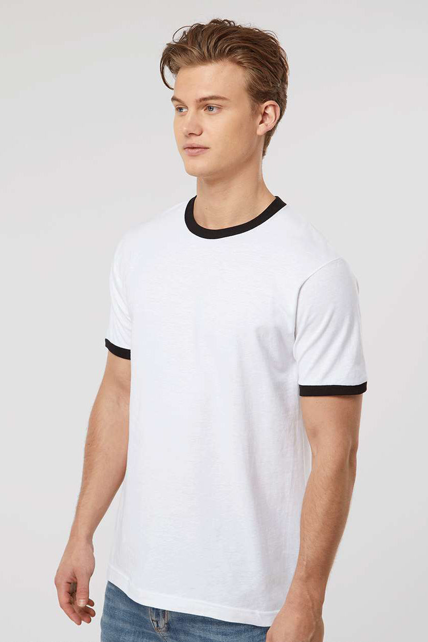 Tultex 246 Mens Fine Jersey Ringer Short Sleeve Crewneck T-Shirt White/Black Model Side
