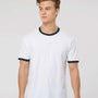 Tultex Mens Fine Jersey Ringer Short Sleeve Crewneck T-Shirt - White/Navy Blue - NEW