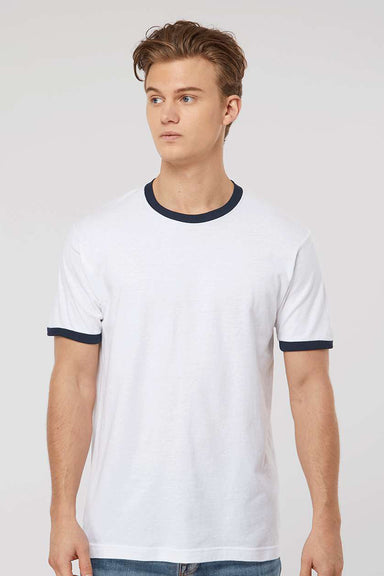 Tultex 246 Mens Fine Jersey Ringer Short Sleeve Crewneck T-Shirt White/Navy Blue Model Front