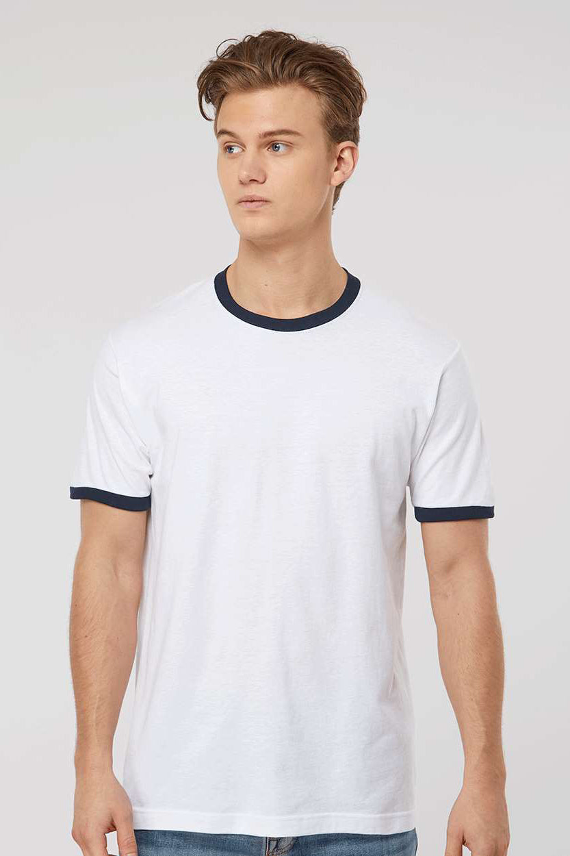 Tultex 246 Mens Fine Jersey Ringer Short Sleeve Crewneck T-Shirt White/Navy Blue Model Front