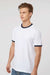 Tultex 246 Mens Fine Jersey Ringer Short Sleeve Crewneck T-Shirt White/Navy Blue Model Side