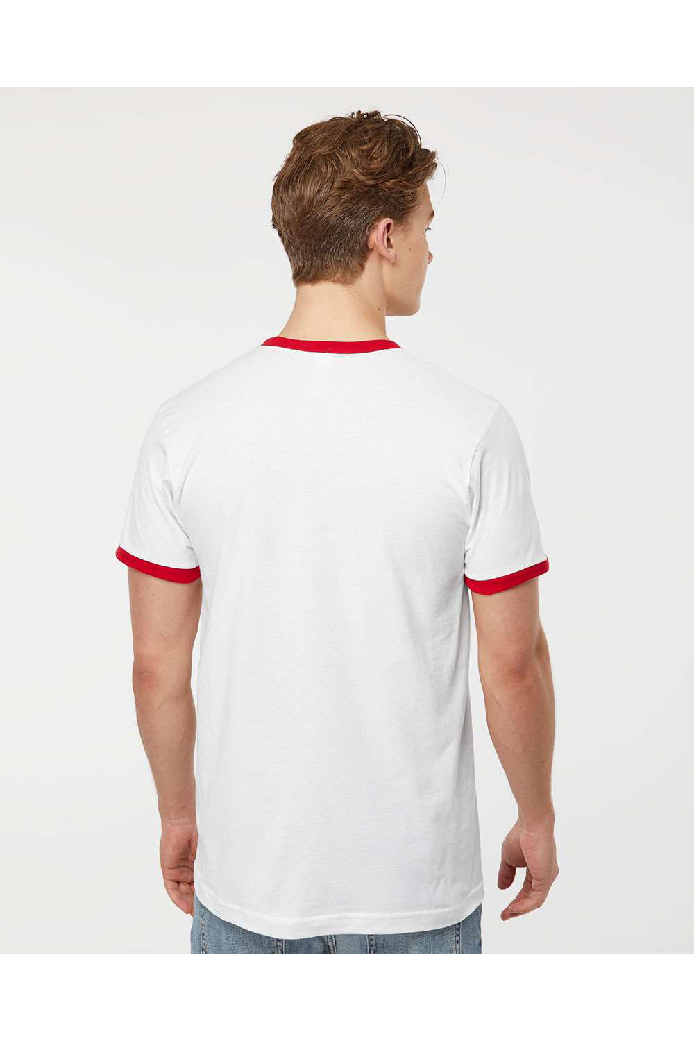 Tultex 246 Mens Fine Jersey Ringer Short Sleeve Crewneck T-Shirt White/Red Model Back