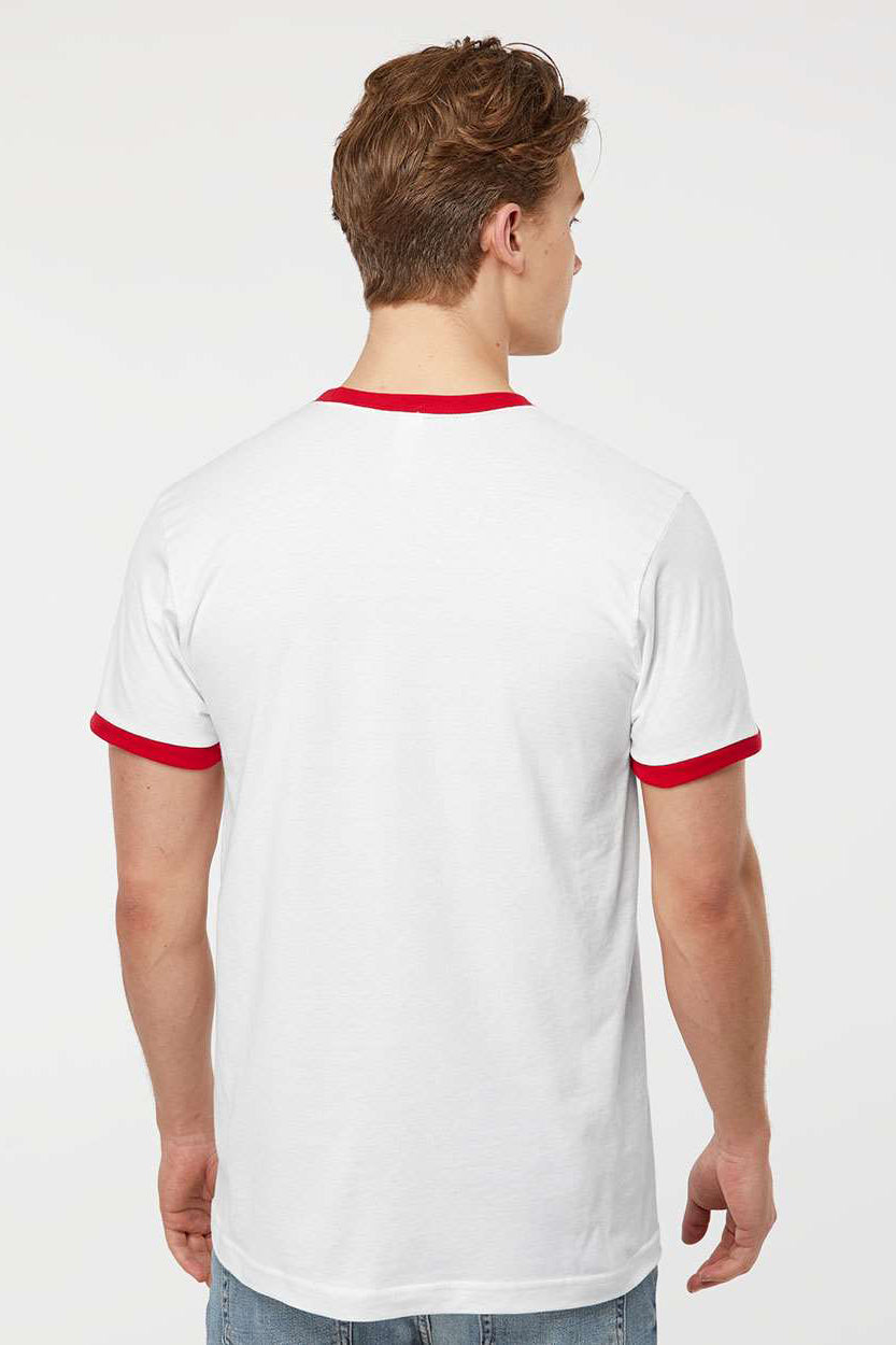 Tultex 246 Mens Fine Jersey Ringer Short Sleeve Crewneck T-Shirt White/Red Model Back