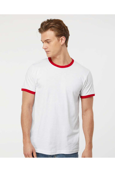 Tultex 246 Mens Fine Jersey Ringer Short Sleeve Crewneck T-Shirt White/Red Model Front