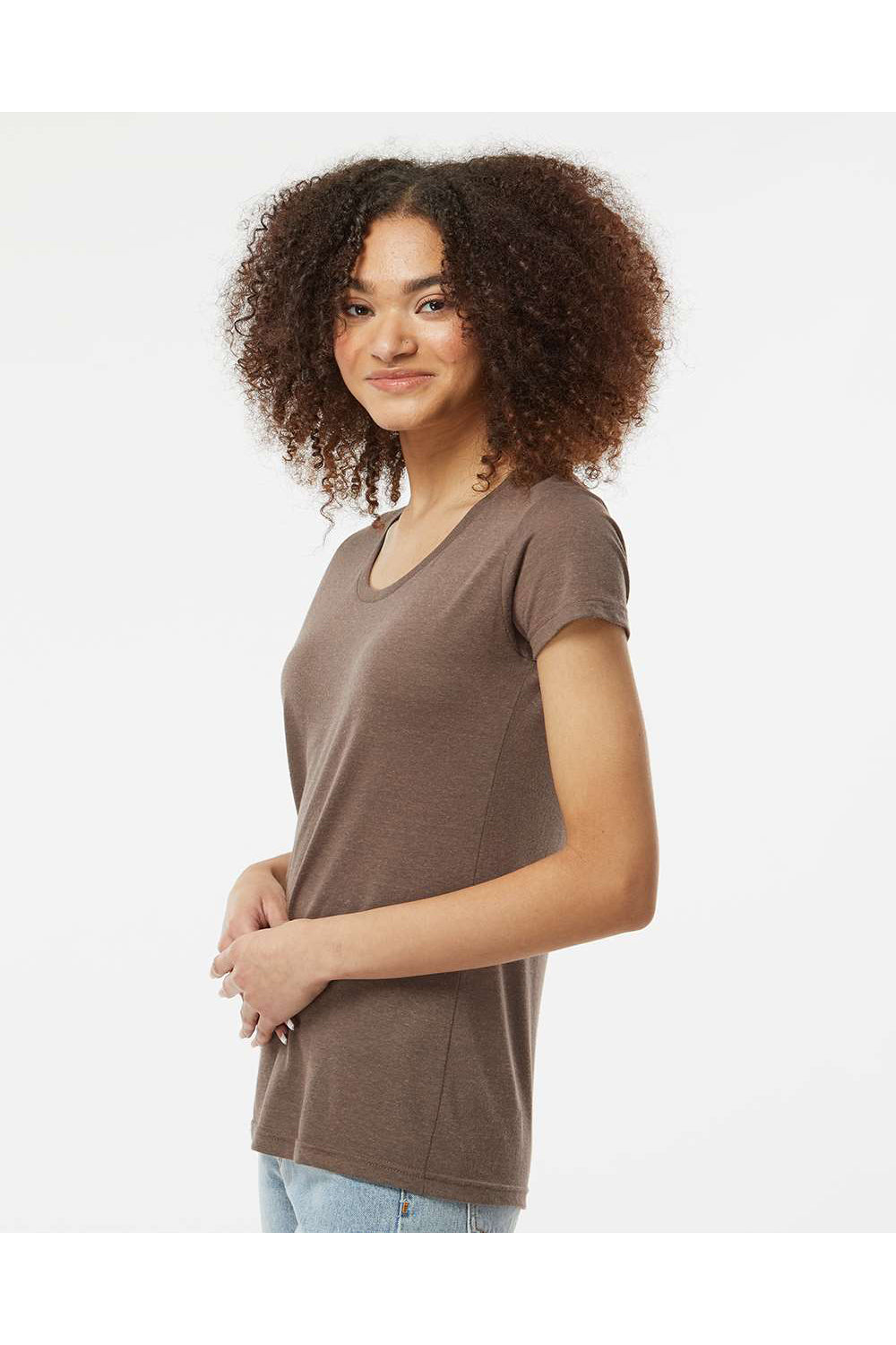 Tultex 253 Womens Short Sleeve Crewneck T-Shirt Mocha Brown Model Side