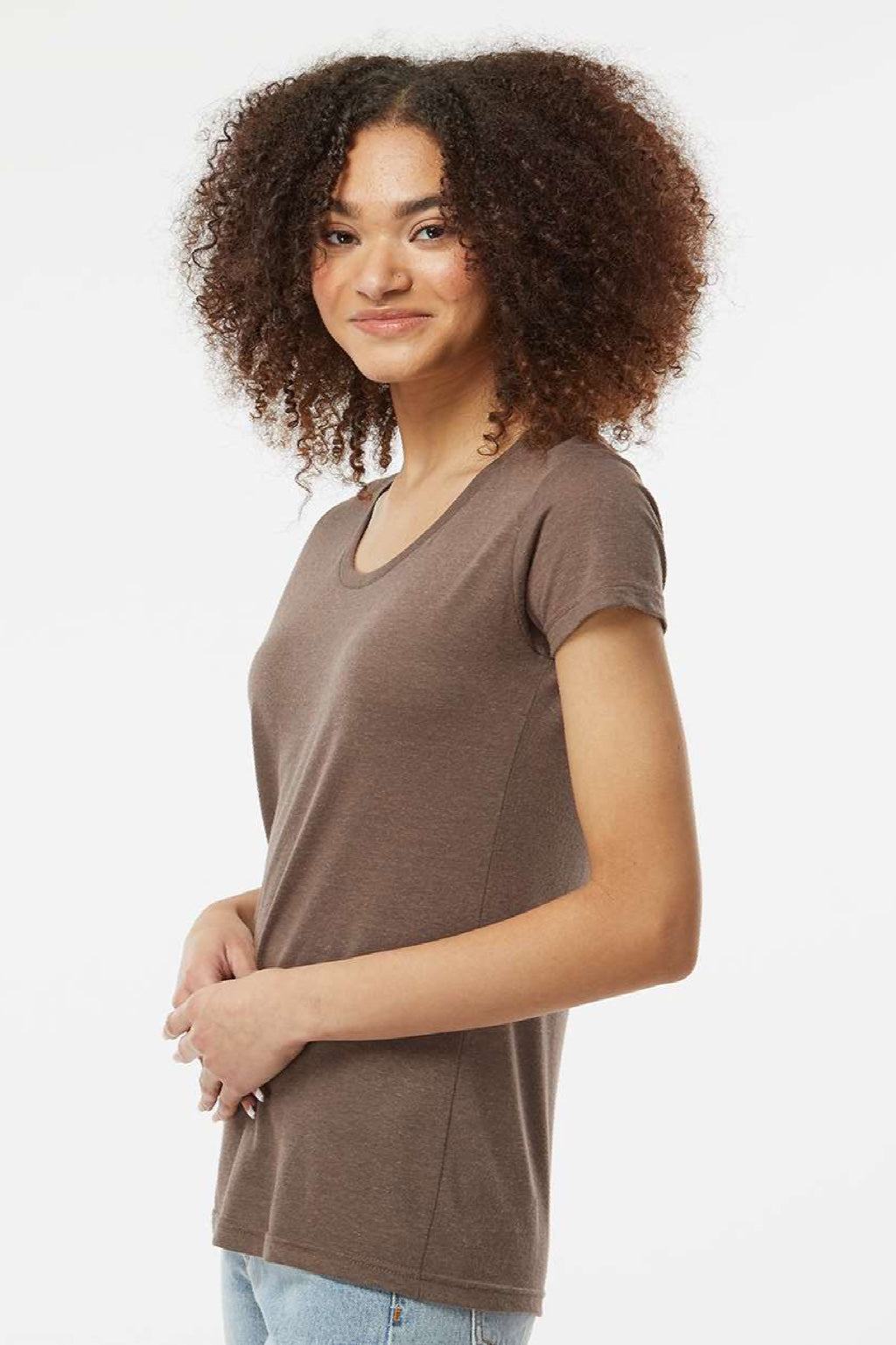 Tultex 253 Womens Short Sleeve Crewneck T-Shirt Mocha Brown Model Side