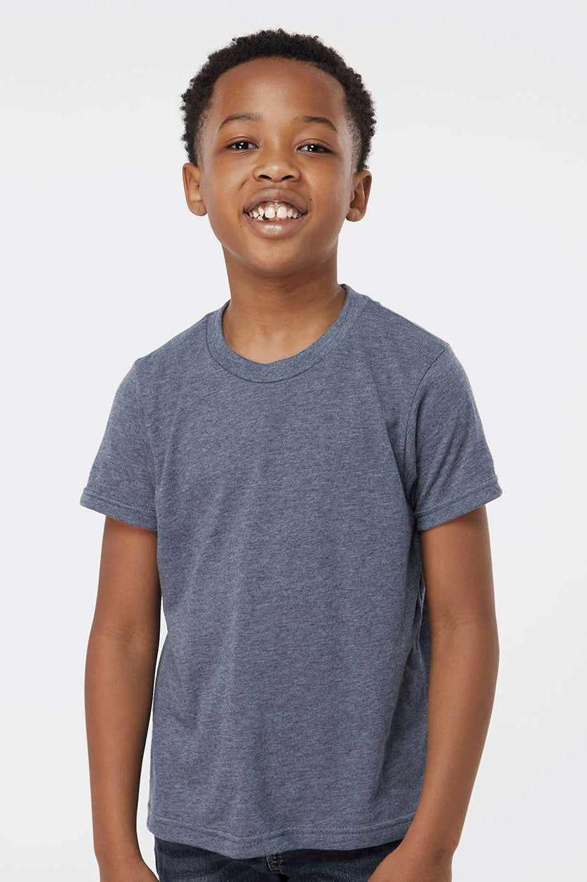 Tultex 265 Youth Poly-Rich Short Sleeve Crewneck T-Shirt Heather Navy Blue Model Front