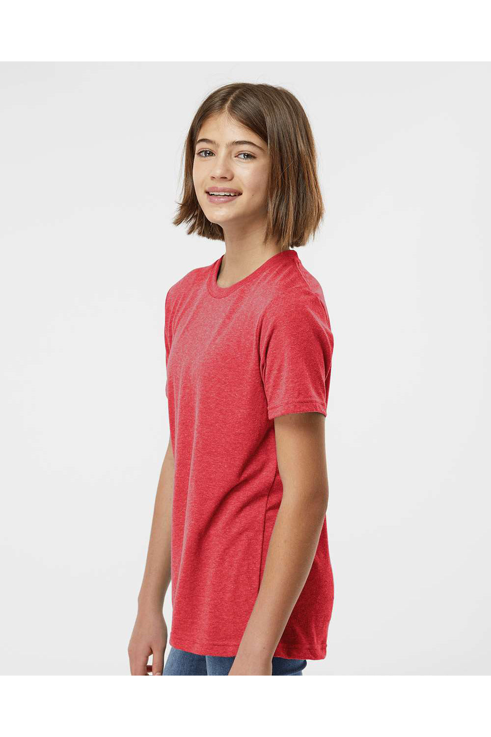 Tultex 265 Youth Poly-Rich Short Sleeve Crewneck T-Shirt Heather Red Model Side