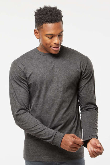Tultex 291 Mens Jersey Long Sleeve Crewneck T-Shirt Heather Charcoal Grey Model Front
