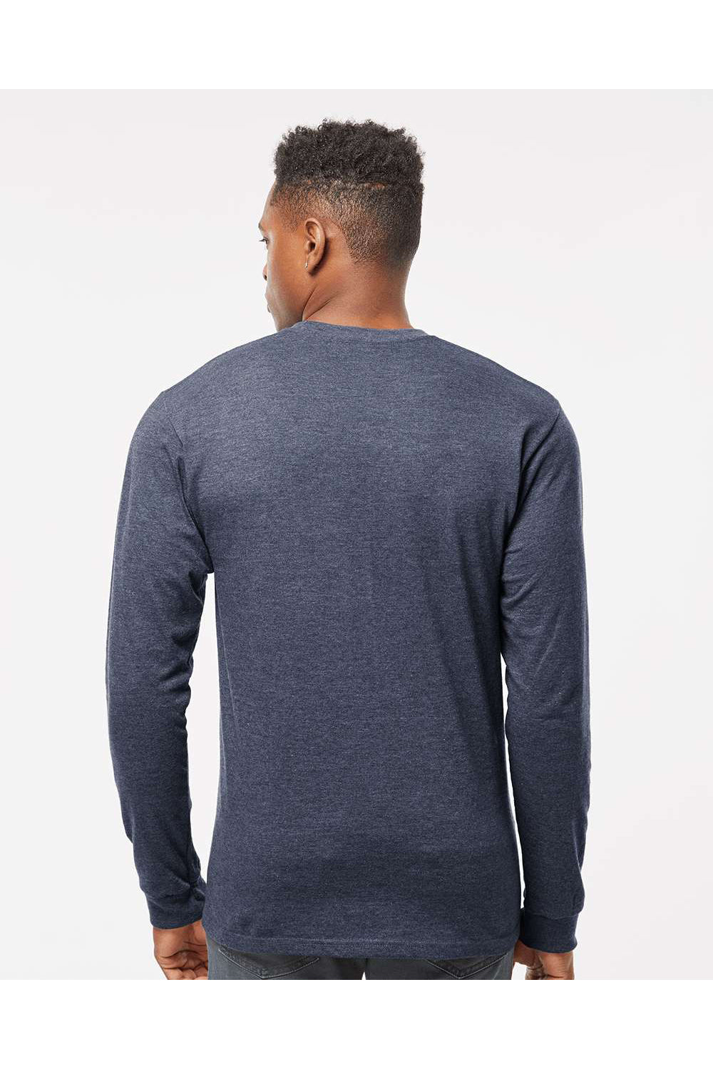 Tultex 291 Mens Jersey Long Sleeve Crewneck T-Shirt Heather Denim Blue Model Back