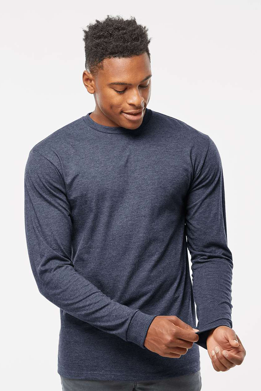 Tultex 291 Mens Jersey Long Sleeve Crewneck T-Shirt Heather Denim Blue Model Front