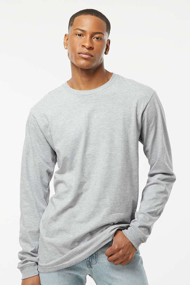 Tultex 291 Mens Jersey Long Sleeve Crewneck T-Shirt Heather Grey Model Front