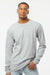 Tultex 291 Mens Jersey Long Sleeve Crewneck T-Shirt Heather Grey Model Front