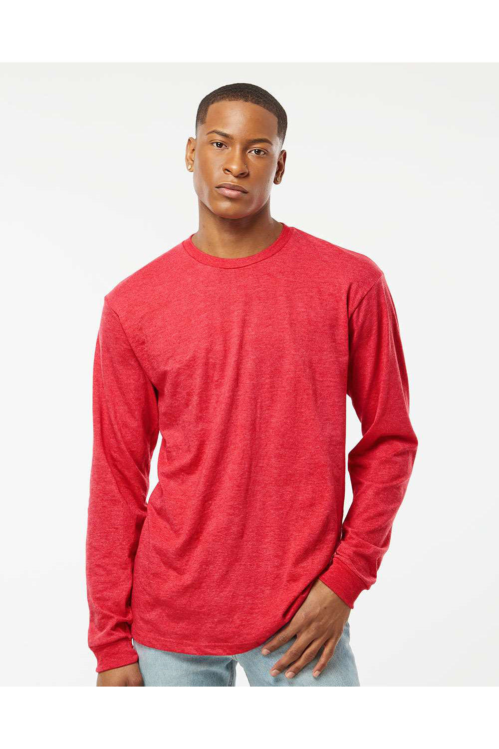 Tultex 291 Mens Jersey Long Sleeve Crewneck T-Shirt Heather Red Model Front