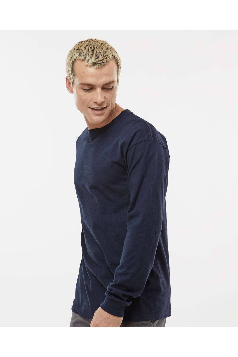 Tultex 291 Mens Jersey Long Sleeve Crewneck T-Shirt Navy Blue Model Side