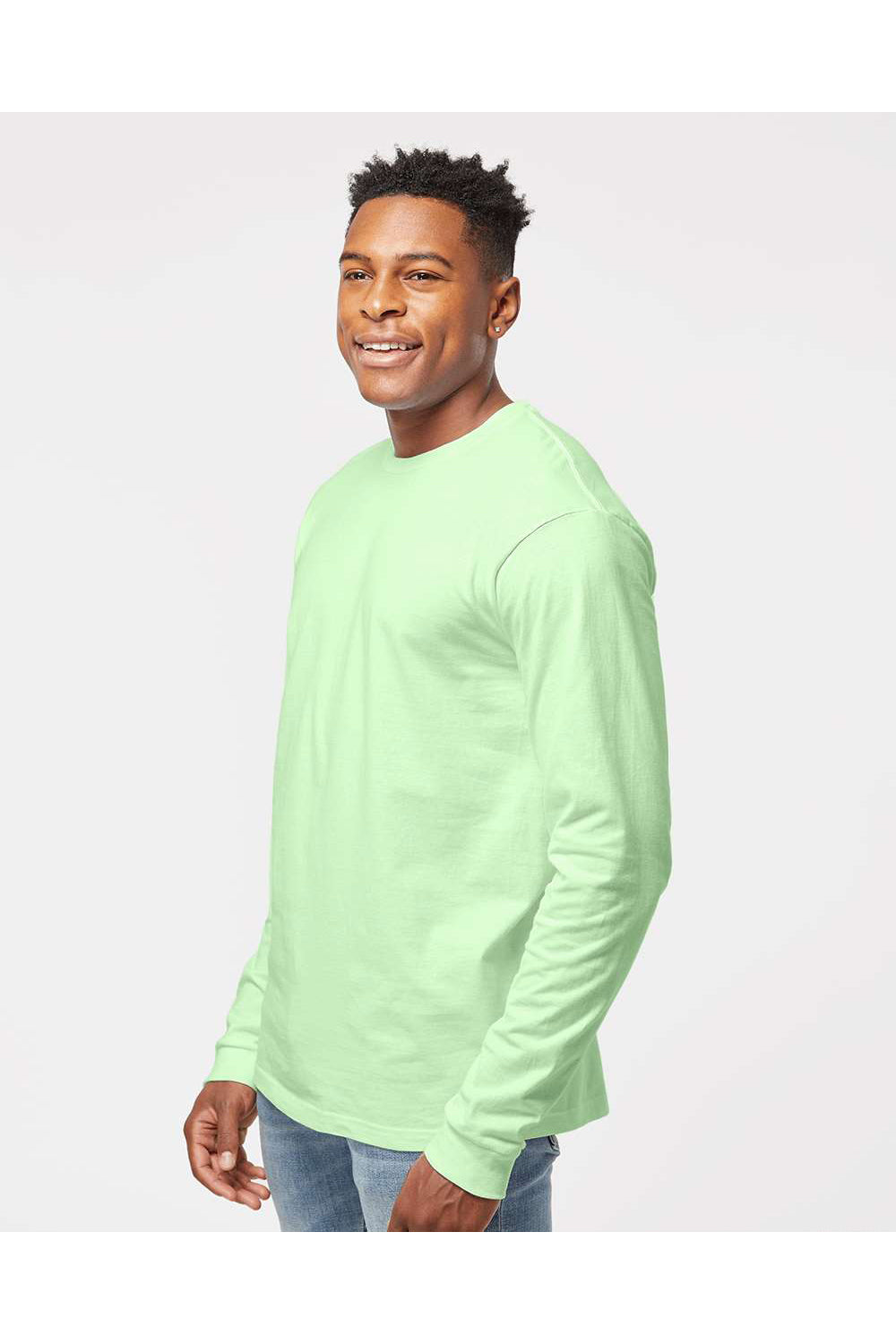 Tultex 291 Mens Jersey Long Sleeve Crewneck T-Shirt Neo Mint Green Model Side