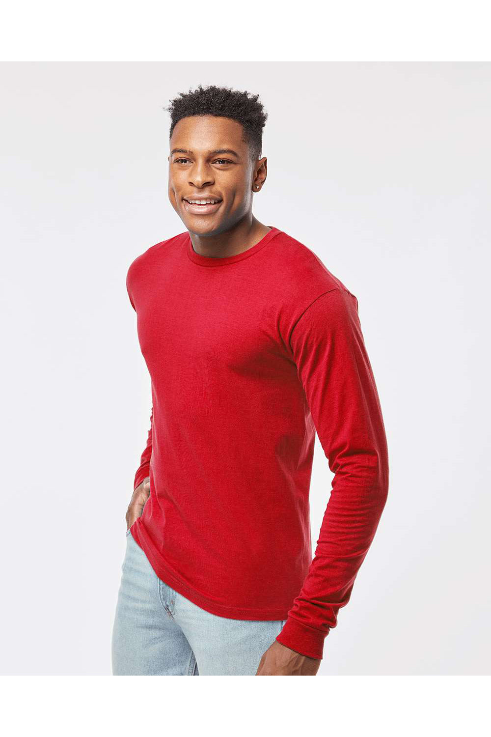 Tultex 291 Mens Jersey Long Sleeve Crewneck T-Shirt Red Model Side