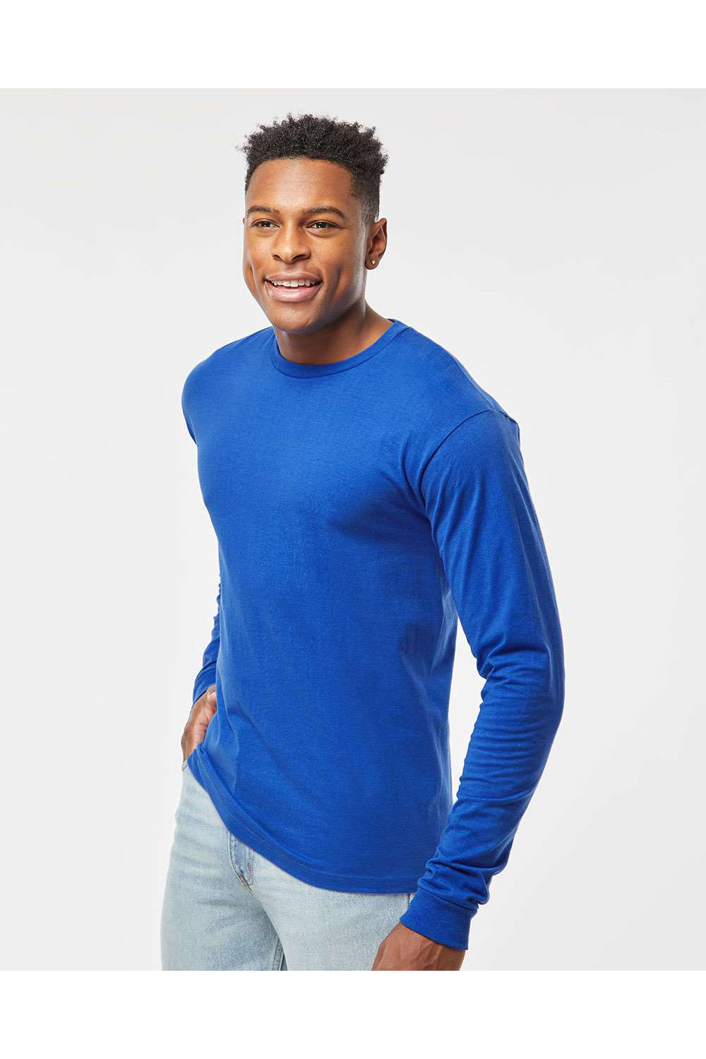 Tultex 291 Mens Jersey Long Sleeve Crewneck T-Shirt Royal Blue Model Side