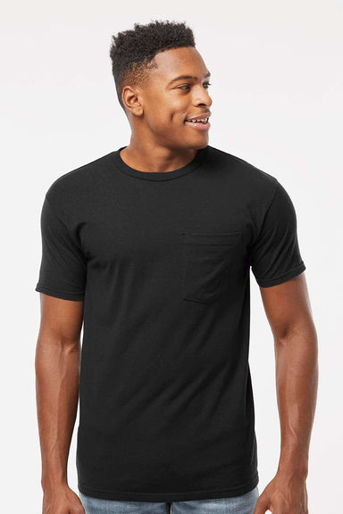 Tultex 293 Mens Jersey Short Sleeve Crewneck T-Shirt w/ Pocket Black Model Front